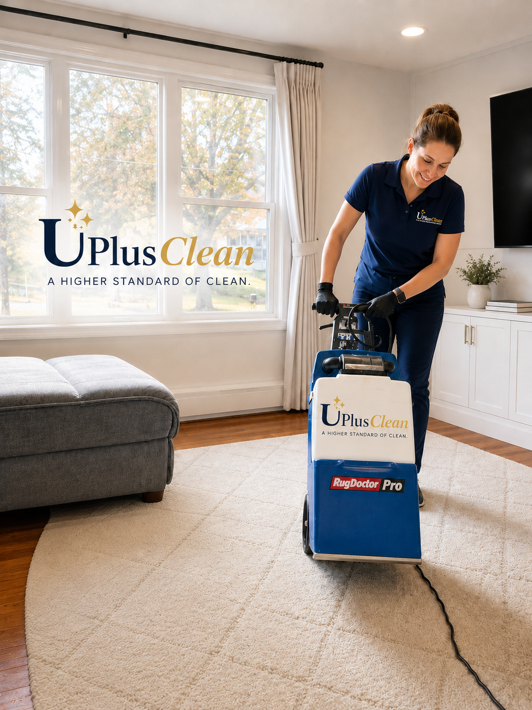 A UPlus Clean professional caring for a bright living room