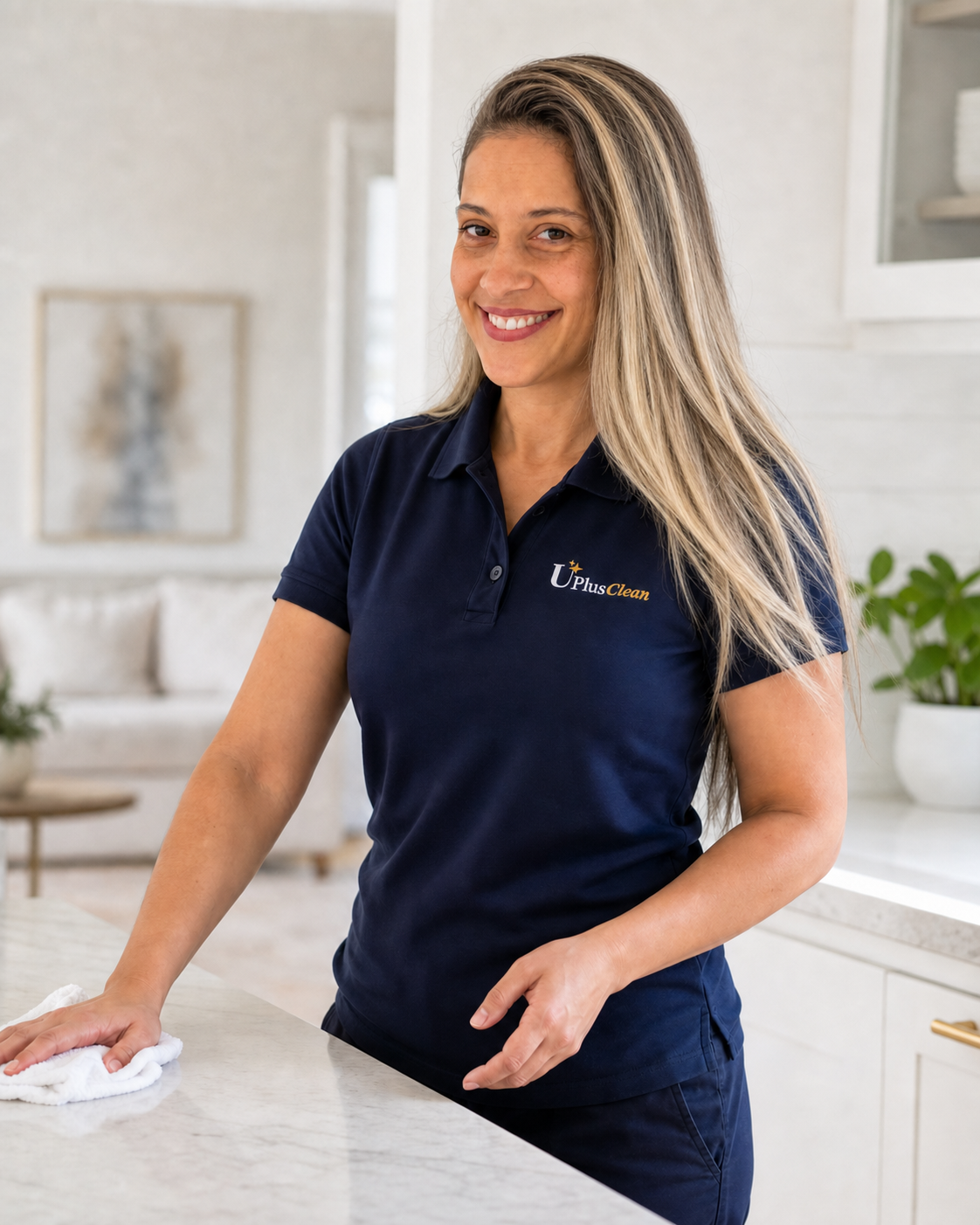 Sandy, UPlus Clean owner, cleaning a kitchen counter in her navy uniform